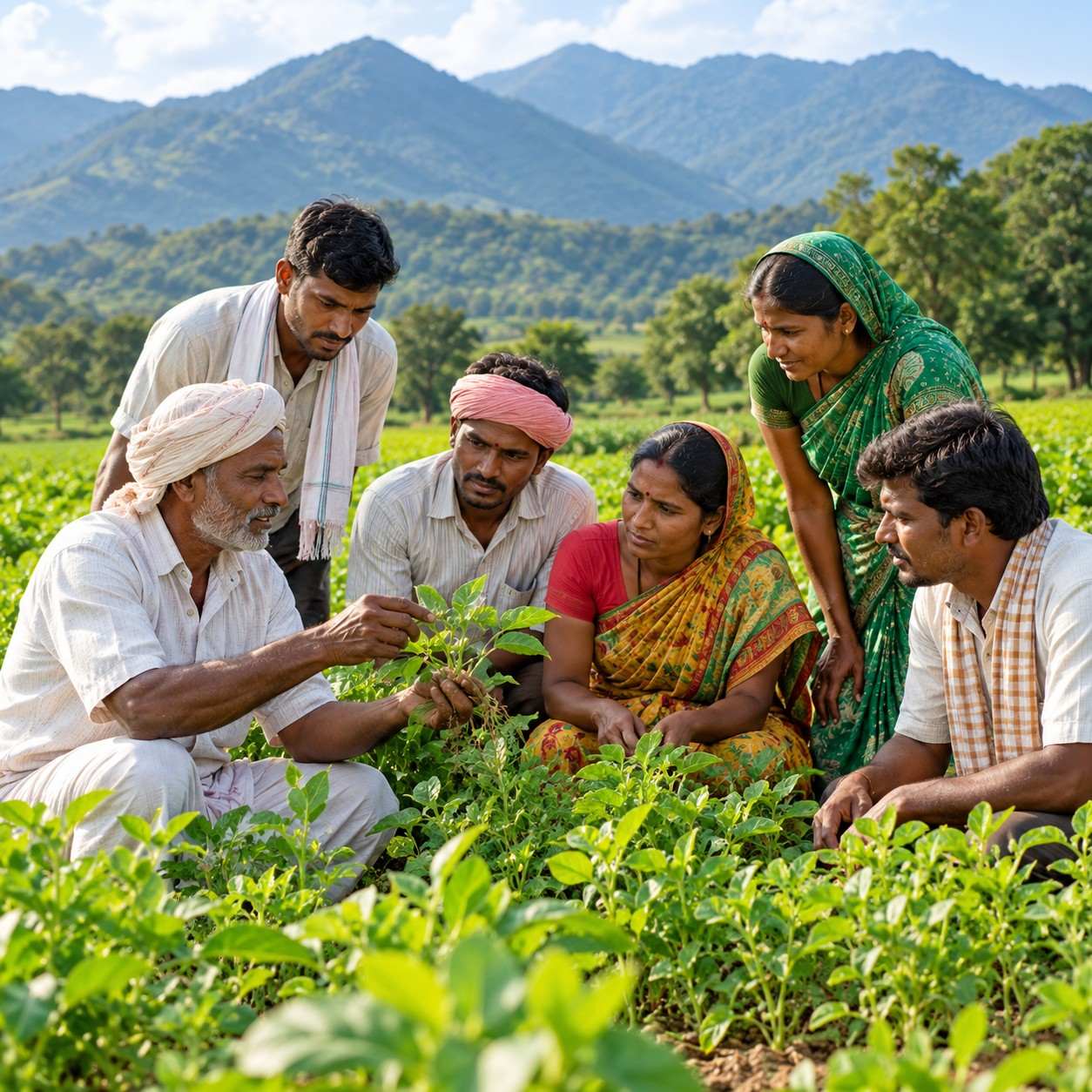 Home farmers examining crops in mountain fields 200kb