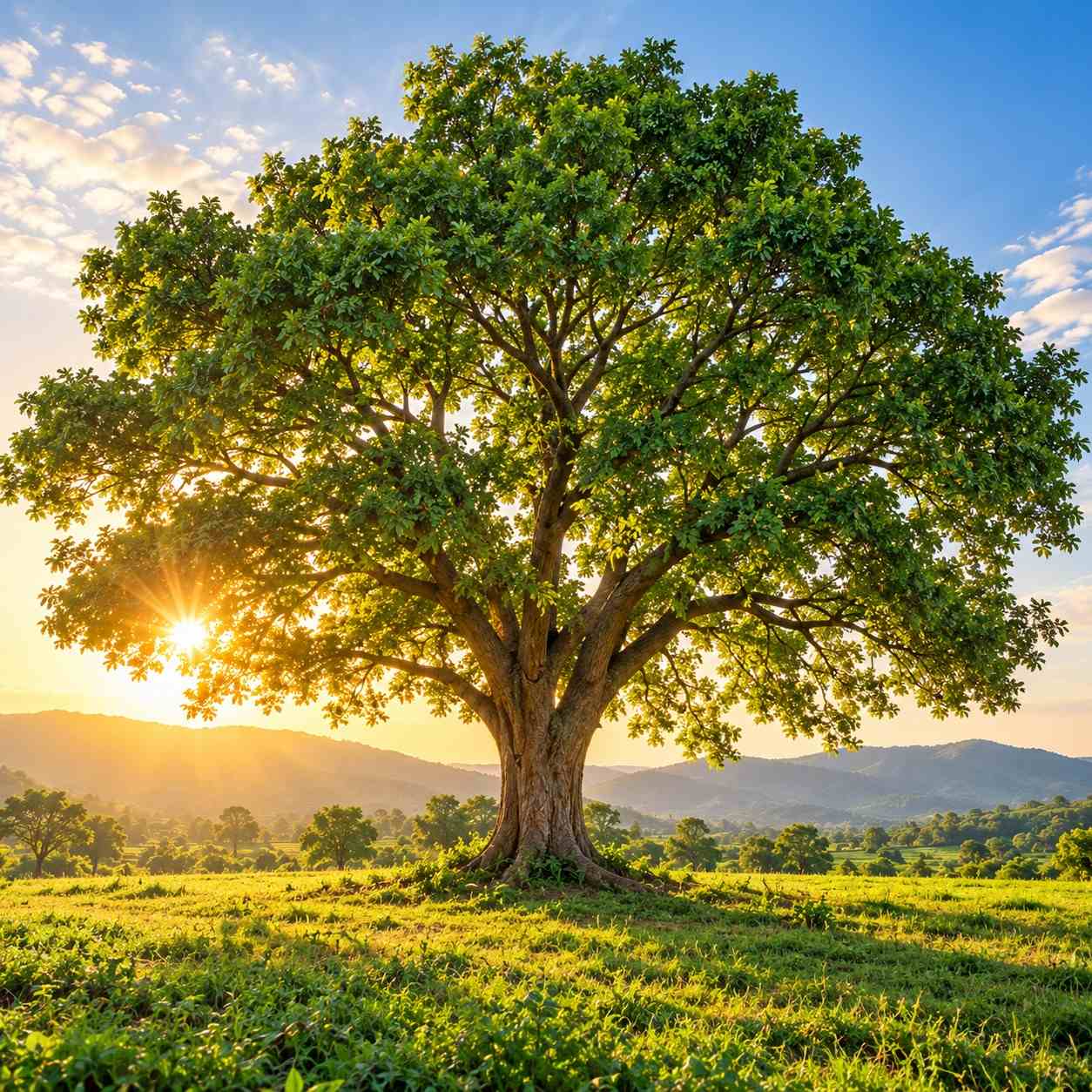 Home golden hour tree in a countryside meadow 200kb