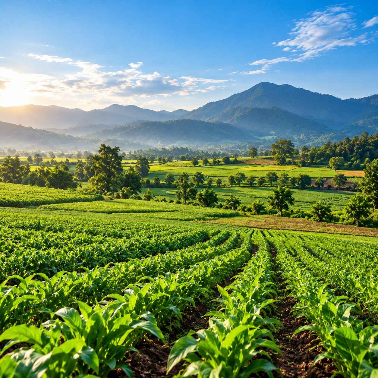 Home golden sunrise over lush farmland 200kb